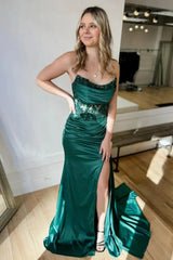 Hunter Green Applique Pleated Mermaid Dress with Slit