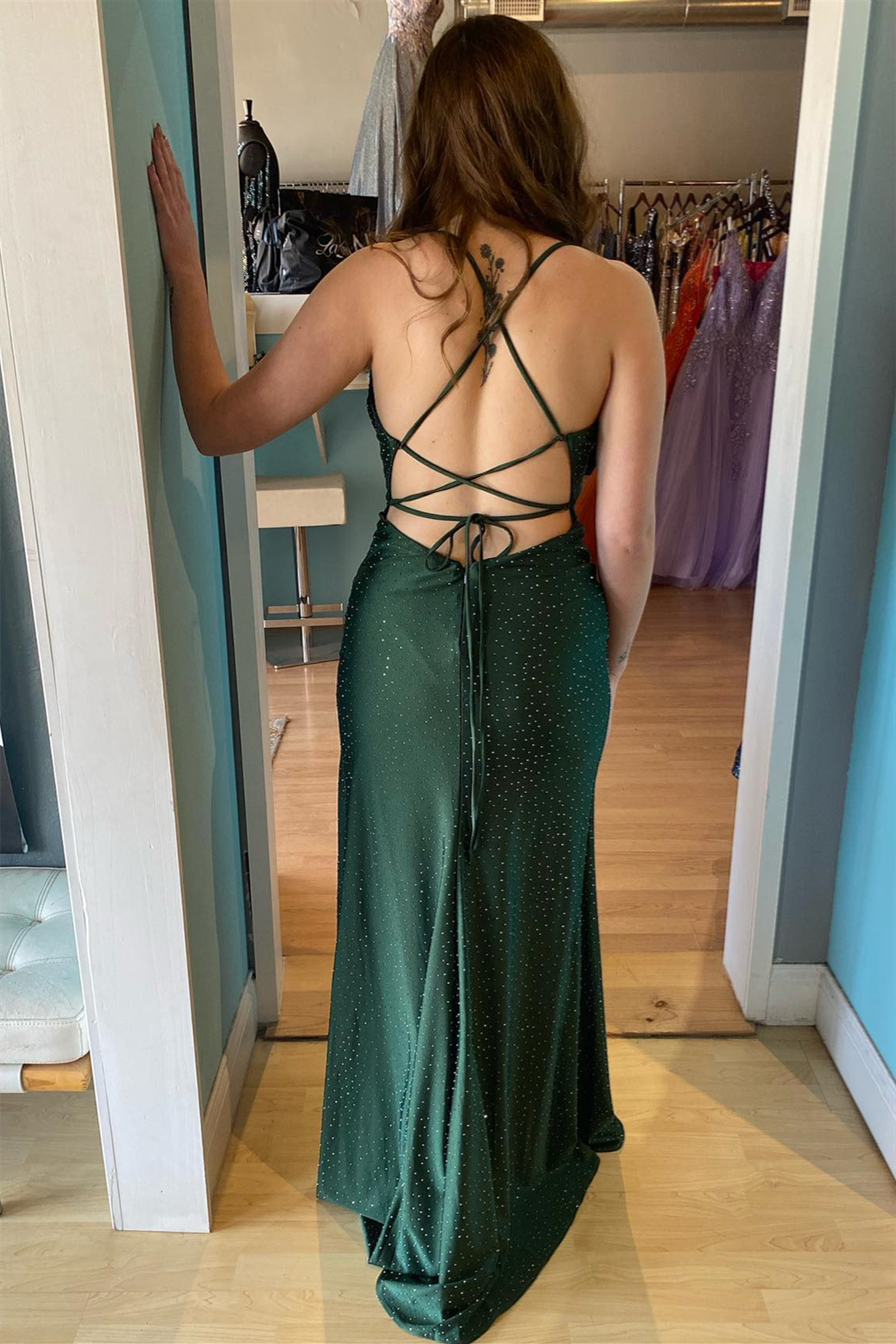 Hunter Green  Cowl Neck Lace-Up Long Prom Dress with Rhinestones