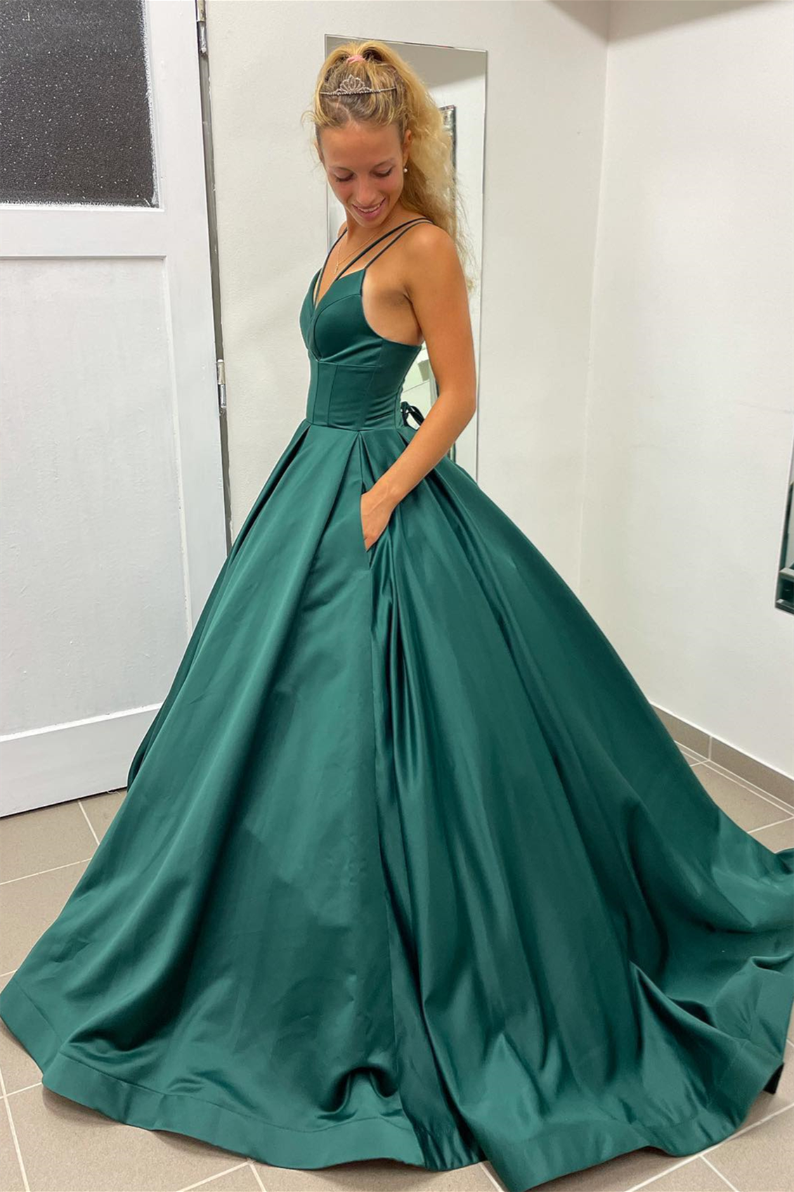 Hunter Green Deep V-Neck Straps A-line Long Prom Dress