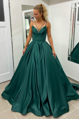 Hunter Green Deep V-Neck Straps A-line Long Prom Dress