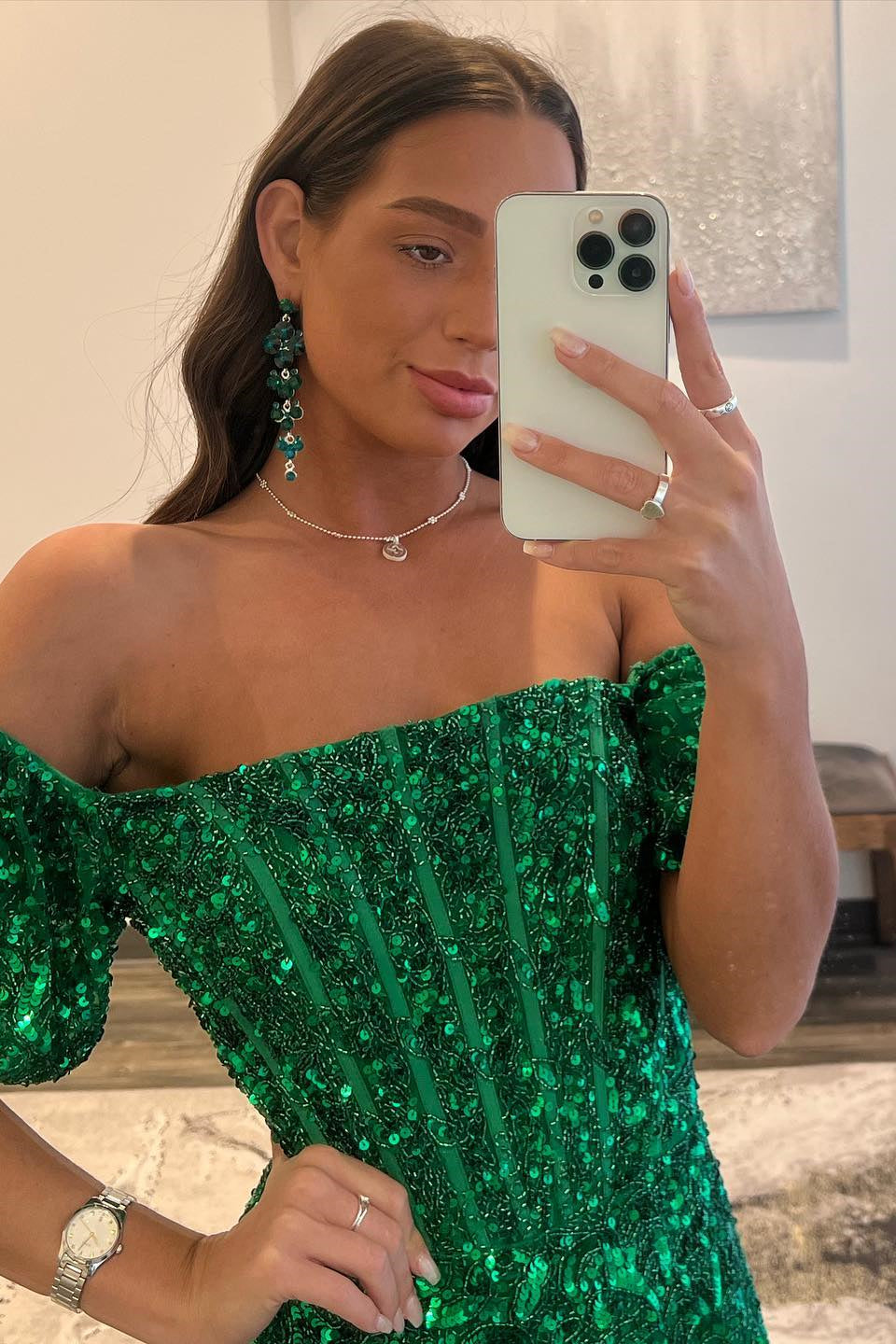 Hunter Green Mermaid Off-the-Shoulder Sequins Long Prom Dress