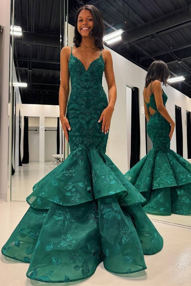 Hunter Green V-Neck Lace  Applique Layered Mermaid Dress