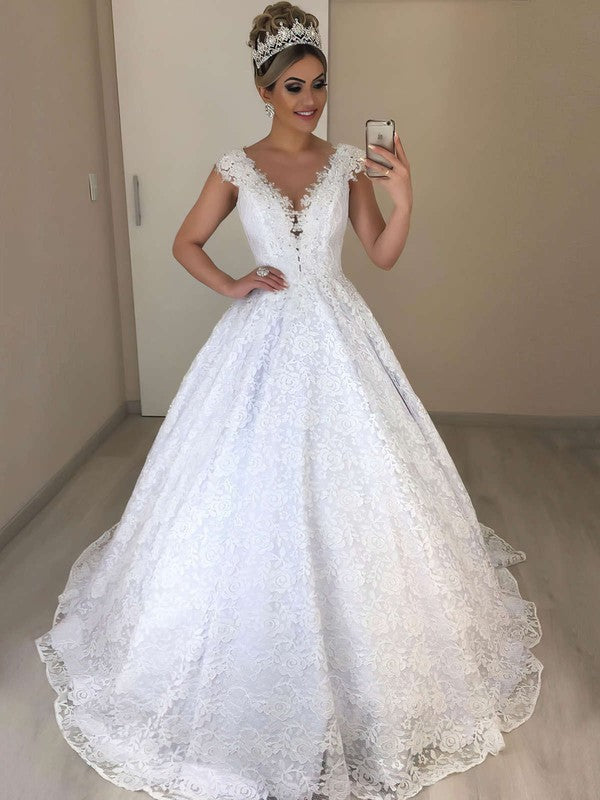 Illusion Lace Ball Gown Wedding Dresses With Appliques Lace Sweep Train