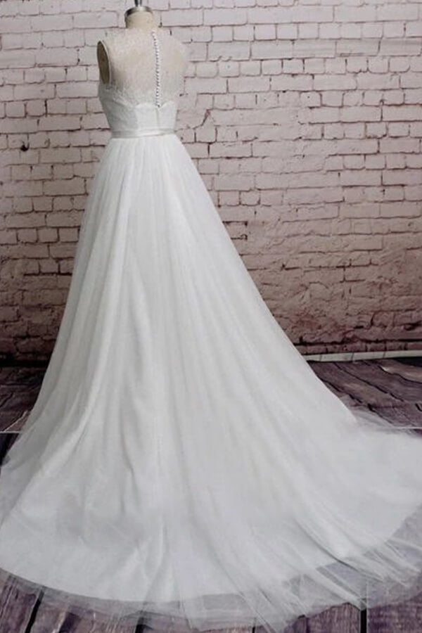 Illusion Lace Tulle Chapel Train Wedding Dress Online-27dress