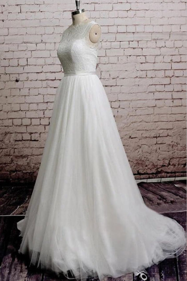 Illusion Lace Tulle Chapel Train Wedding Dress Online-27dress