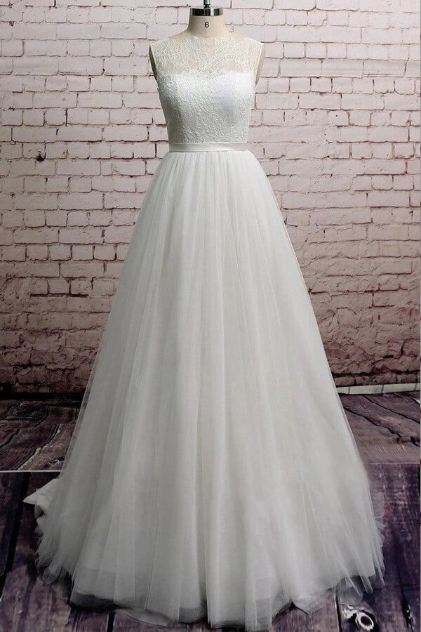 Illusion Lace Tulle Chapel Train Wedding Dress Online-27dress