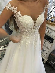 Illusion Tulle Ball Gown Wedding Dress With Lace Appliques