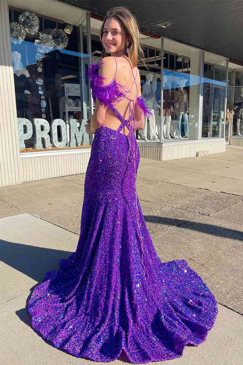 Iridescent Purple Cutout Sequins Long Prom Dress with Feathers