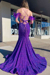 Iridescent Purple Cutout Sequins Long Prom Dress with Feathers