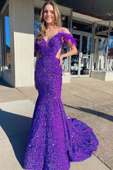 Iridescent Purple Cutout Sequins Long Prom Dress with Feathers