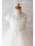 Ivory Ball Gown Tulle Jewel Neck Wedding Birthday Flower Girl Dresses-27dress