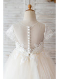 Ivory Ball Gown Tulle Jewel Neck Wedding Birthday Flower Girl Dresses-27dress