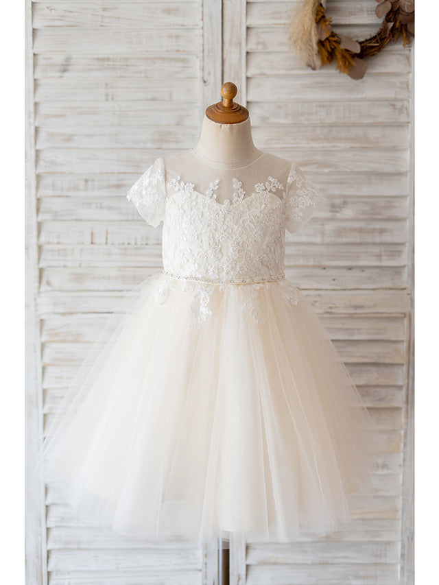 Ivory Ball Gown Tulle Jewel Neck Wedding Birthday Flower Girl Dresses-27dress