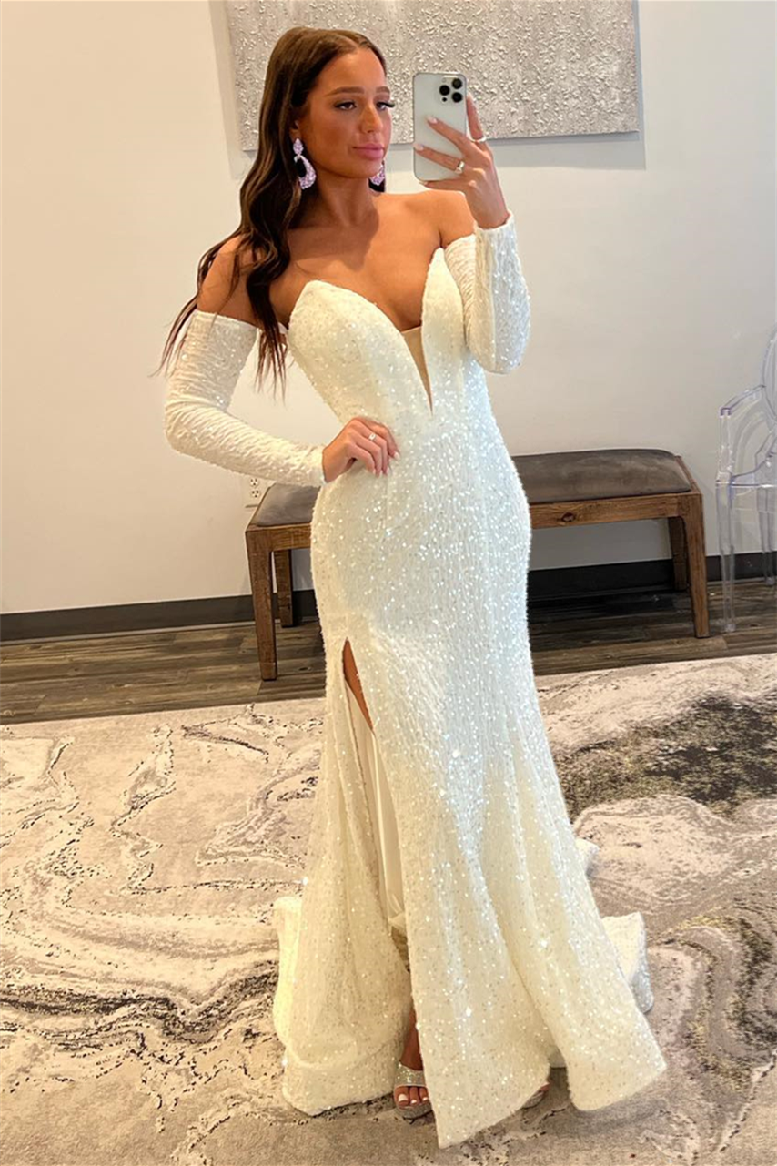 Ivory Sequins Deep V-Neck Sleeves Long Prom Dress with Slit