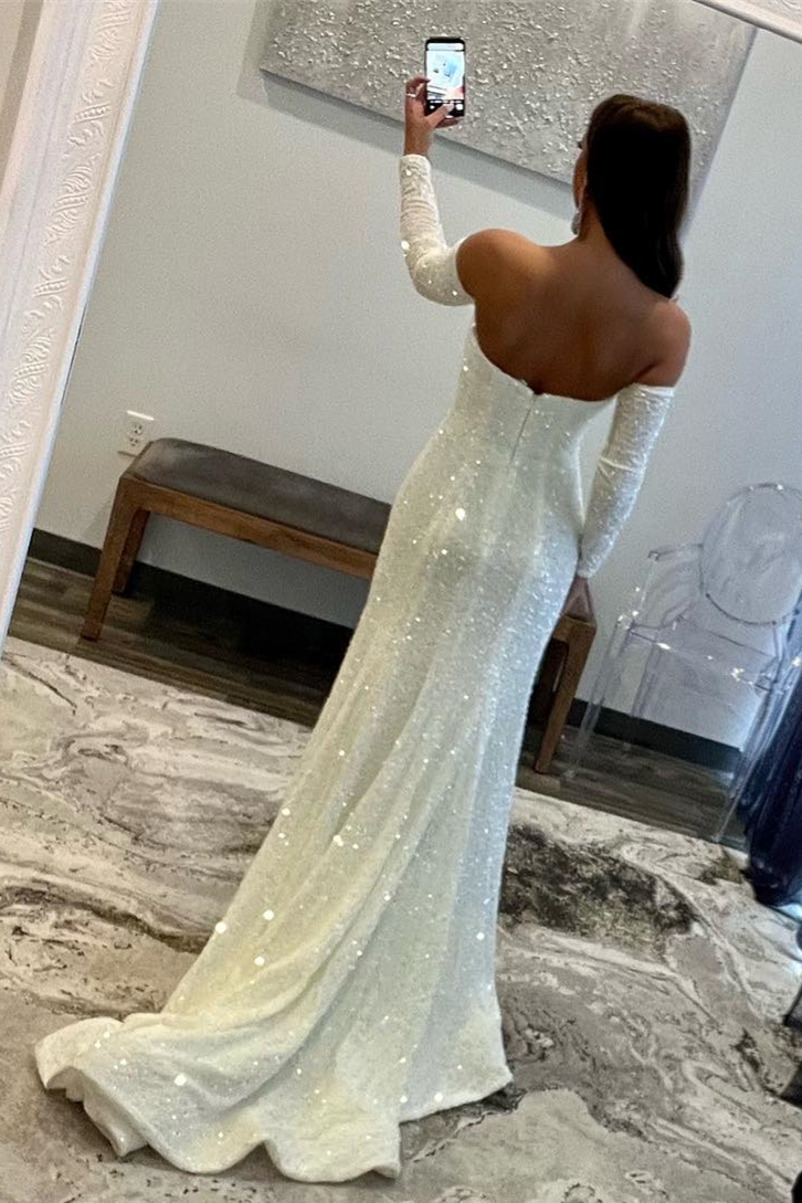 Ivory Sequins Deep V-Neck Sleeves Long Prom Dress with Slit