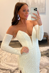 Ivory Sequins Deep V-Neck Sleeves Long Prom Dress with Slit