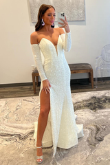 Ivory Sequins Deep V-Neck Sleeves Long Prom Dress with Slit