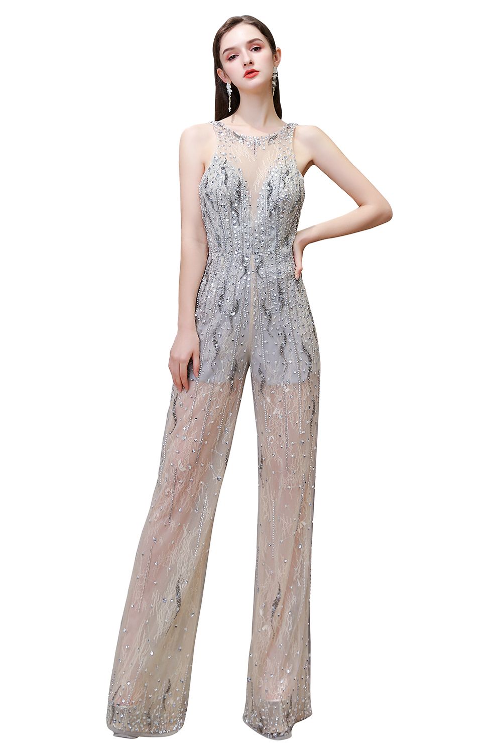 Jewel Sleeveless Tulle Evening Jumpsuit with Sequins-27dress