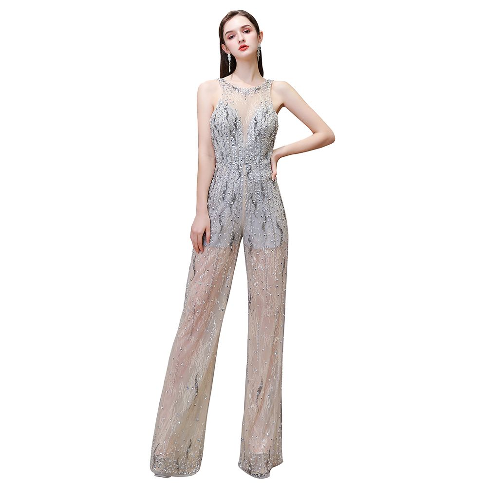 Jewel Sleeveless Tulle Evening Jumpsuit with Sequins-27dress