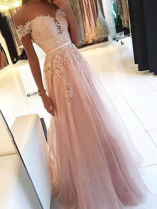 Lace Appliques Ball Gown Princess Prom Dresses Off-the-shoulder Floor-length Tulle