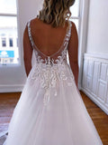 Lace Appliques Ball Gown V-neck Tulle Wedding Dress With Sweep Train