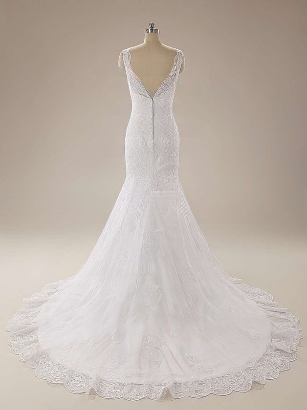 Lace Appliques Illusion Tulle Trumpet/Mermaid Court Train Wedding Dress