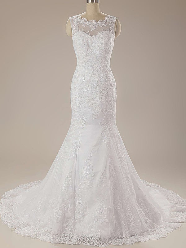 Lace Appliques Illusion Tulle Trumpet/Mermaid Court Train Wedding Dress