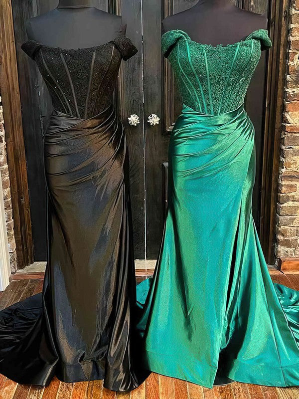 Lace Appliques Prom Dress with Off-the-Shoulder Neckline and Silk-like Satin Sweep Train for Mermaid/Trumpet Silhouette