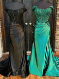 Lace Appliques Prom Dress with Off-the-Shoulder Neckline and Silk-like Satin Sweep Train for Mermaid/Trumpet Silhouette