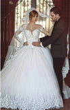 Lace Ball Gown Tulle Long Sleeves Off-the-shoulder Court Train Wedding Dress-27dress