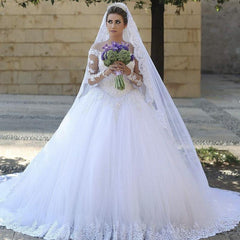 Lace Ball Gown Tulle Long Sleeves Off-the-shoulder Court Train Wedding Dress-27dress