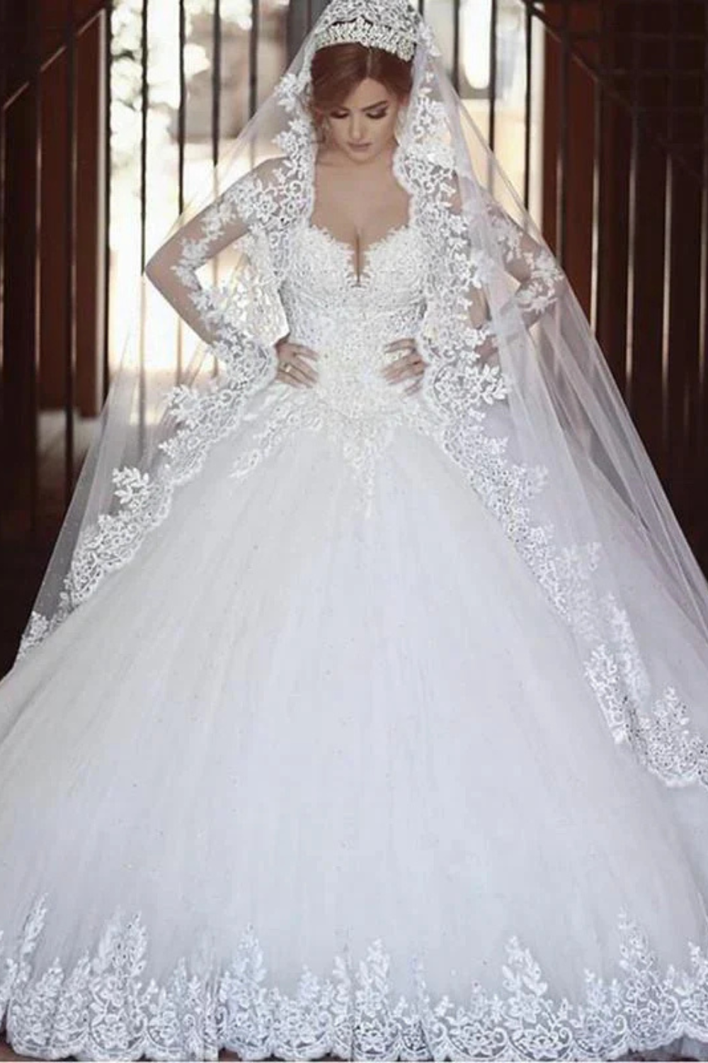 Lace Ball Gown Tulle Long Sleeves Off-the-shoulder Court Train Wedding Dress-27dress