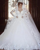 Lace Ball Gown Tulle Long Sleeves Off-the-shoulder Court Train Wedding Dress-27dress