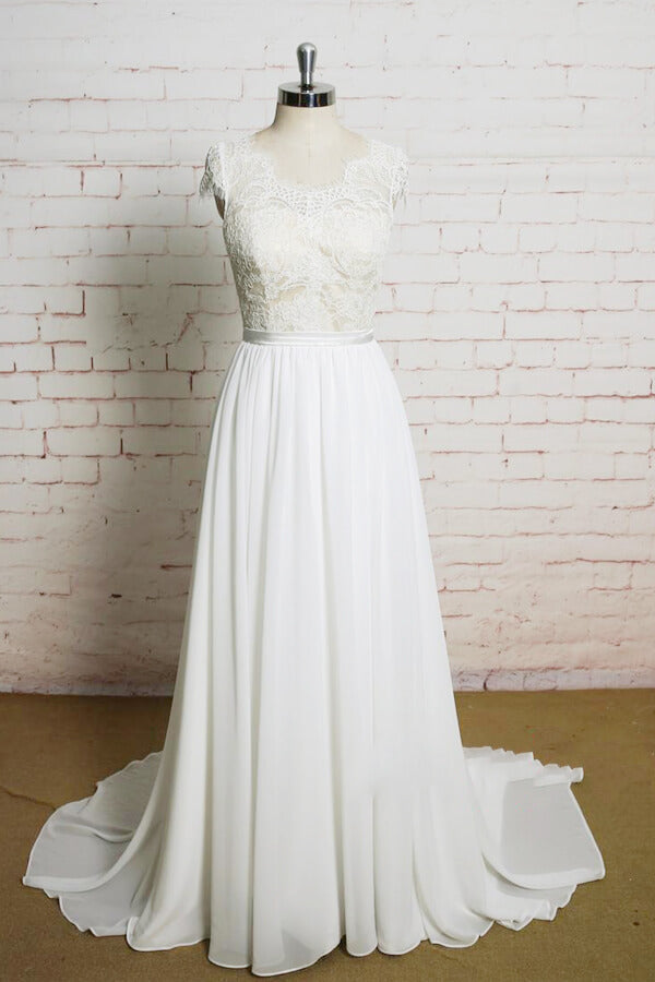 Lace Chiffon A-line Court Train Wedding Dress On Sale-27dress