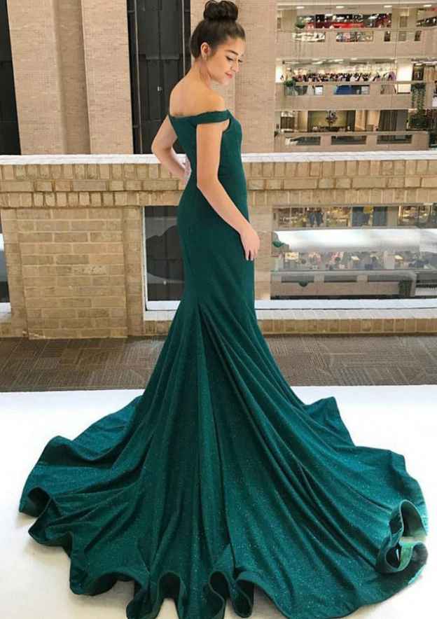 Lace Evening Dress with Off-the-Shoulder Sleeves and Chapel Train-27dress