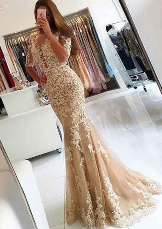 Lace Prom Dress Trumpet/Mermaid Bateau Sweep Train With Waistband-27dress