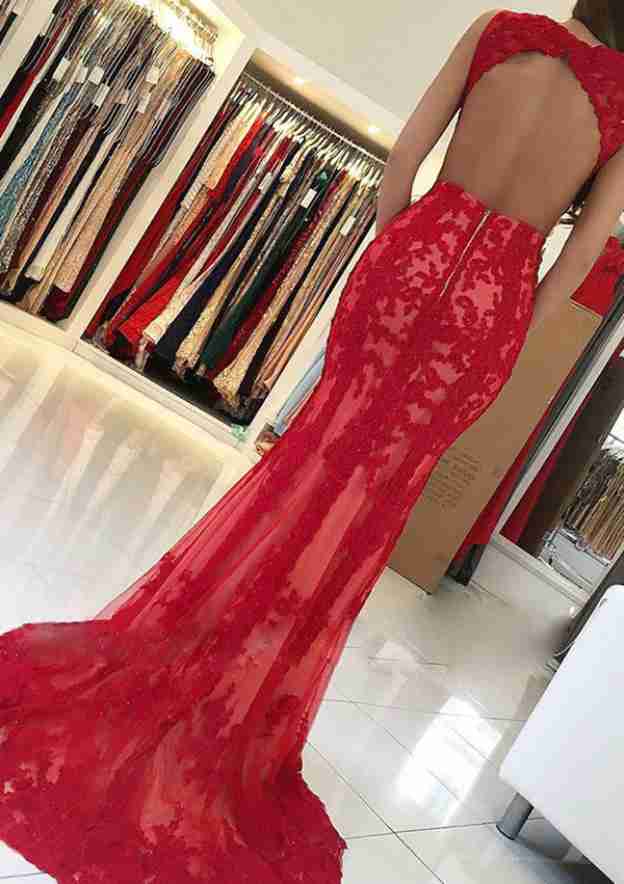 Lace Prom Dress with Beaded Trumpet/Mermaid Bateau Sweep Train-27dress