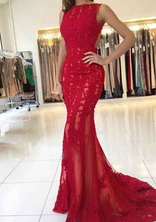 Lace Prom Dress with Beaded Trumpet/Mermaid Bateau Sweep Train-27dress