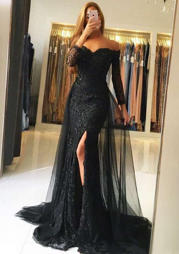 Lace Prom Dress with Split: Sheath/Column Off-the-Shoulder Full/Long-Sleeve Sweep Train Appliqued-27dress