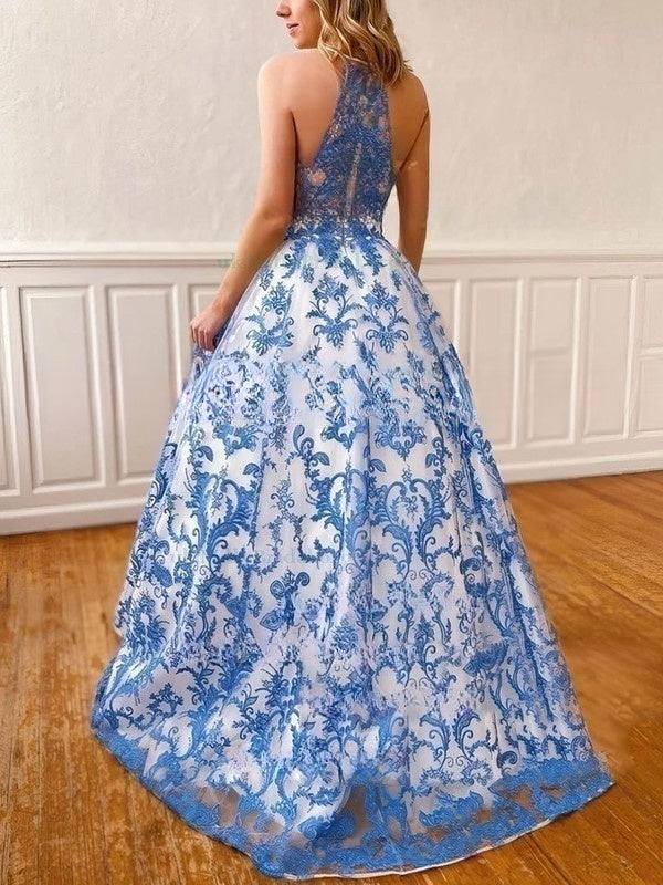 Lace Scoop Neck Princess Prom Dress with Pockets