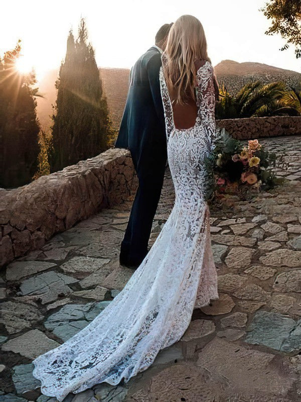 Lace Sweep Train Trumpet/Mermaid V-neck Wedding Dresses