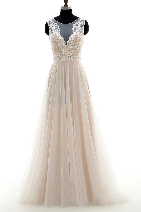 Lace Tulle A-line Floor Length Wedding Dress On Sale-27dress