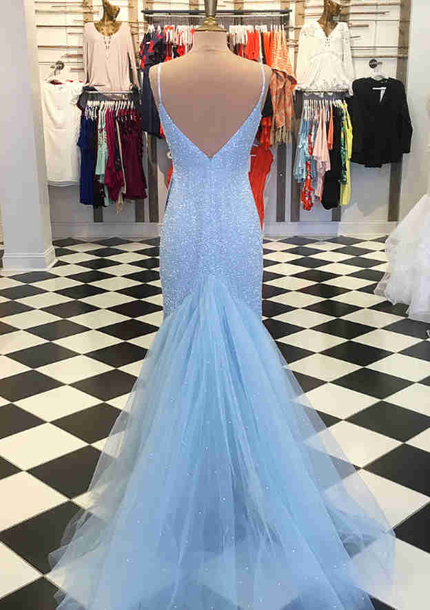 Lace Tulle Prom Dress with Trumpet/Mermaid V Neck & Court Train-27dress