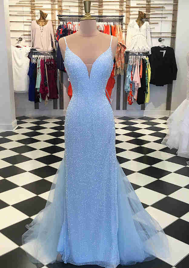 Lace Tulle Prom Dress with Trumpet/Mermaid V Neck & Court Train-27dress