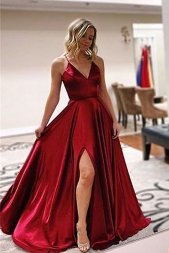 Lace-Up Back A-line Brugundy Long Prom Dress with Slit