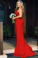 Lace-Up Back Mermaid Red Long Prom Dress with Beads