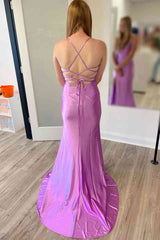 Lace-Up Cowl Neck Lilac Satin Long Prom Dress