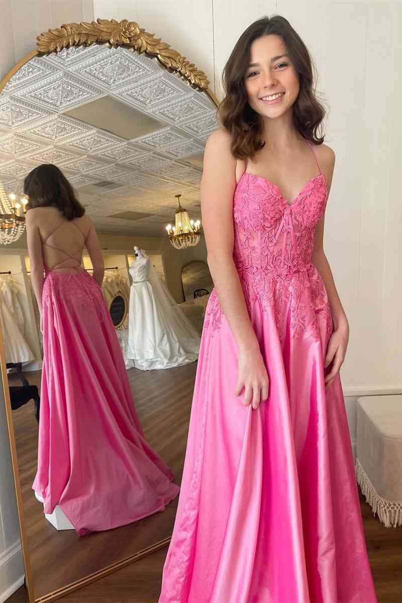 Lace-Up Long Hot Pink A-Line Prom Dress with Appliques