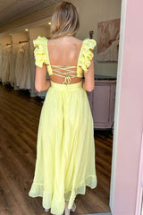 Lace-Up Yellow Plunging V-Neck A-Line Prom Dress