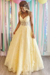 Lace-Up Yellow V-Neck Appliques A-Line Long Formal Dress